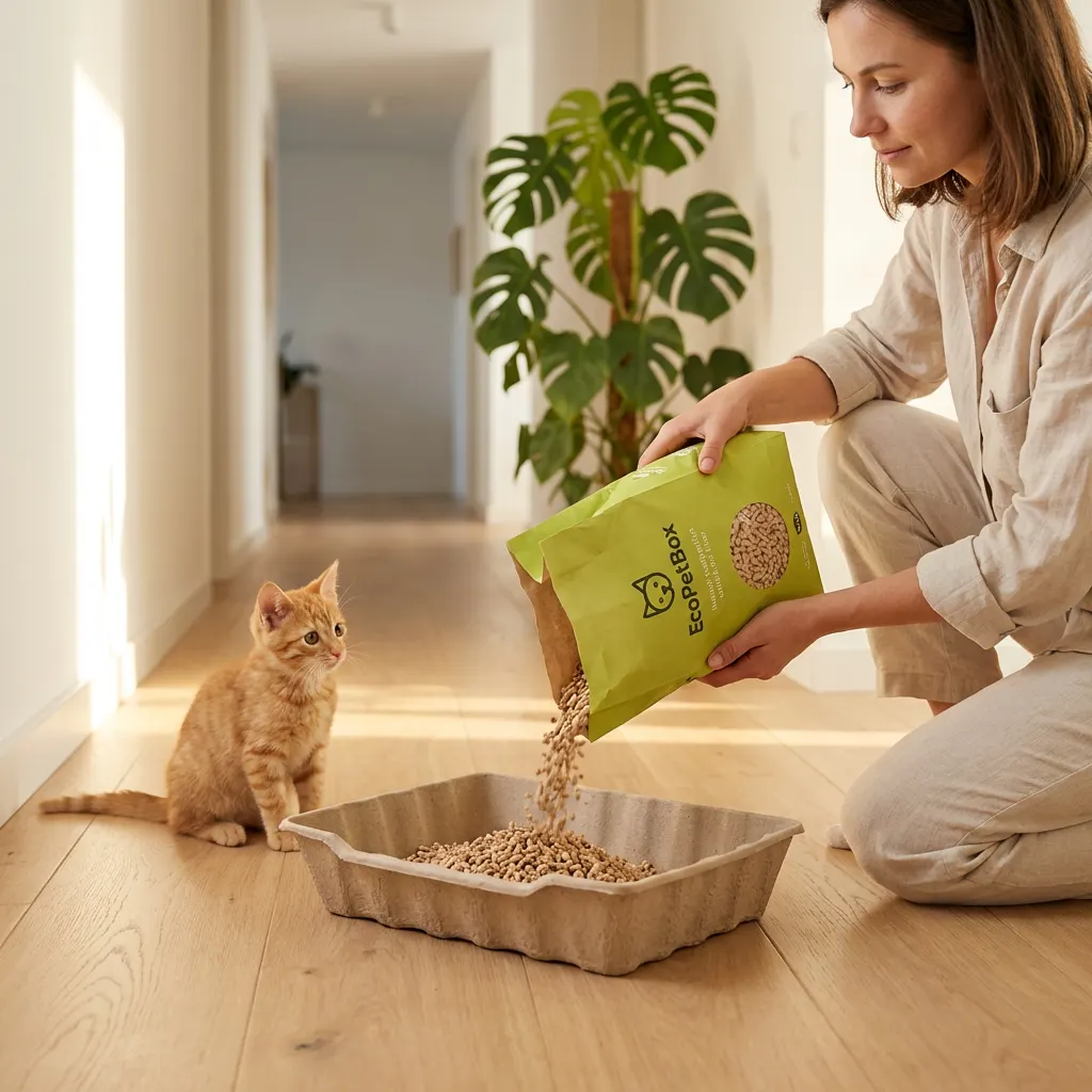 A woman pouring natural litter into an EcoPetBox disposable tray while a ginger kitten watches in a bright hallway